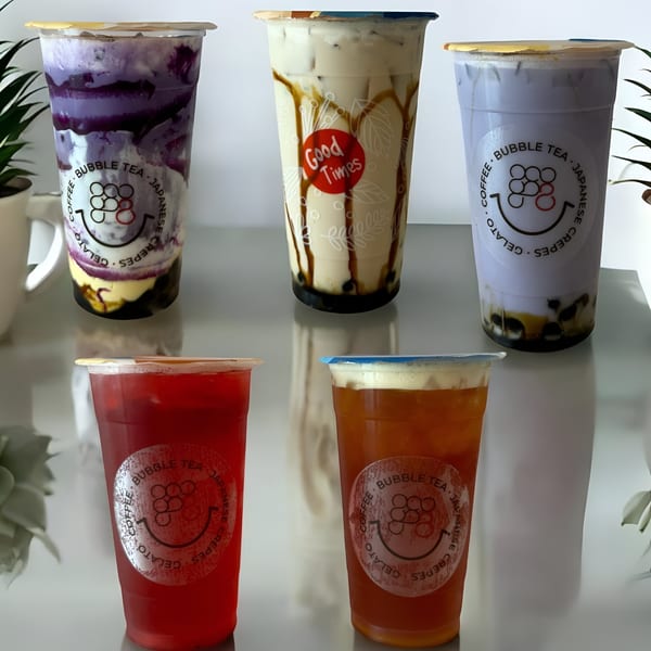 Five bubble tea drinks from Eight Turn Crepe, including taro, milk tea, and fruit tea flavors.